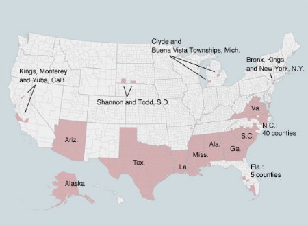 State and local governments that had literacy tests and low voter turnout in the 1964, 1968 or 1972 presidential elections had to submit all new voting changes for federal approval. Jurisdictions could be released from oversight after 10 years without problems. As of June 2013, these areas were still subject to preclearance
