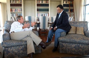 President George W. Bush meets with Saudi Arabian Ambassador Prince Bandar bin Sultan at the Bush Ranch in Crawford, Texas in 2002. Photo: Wikimedia Commons