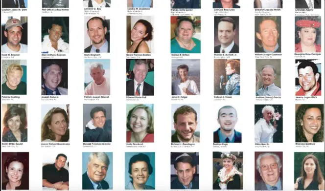 dozens of small photos of victims