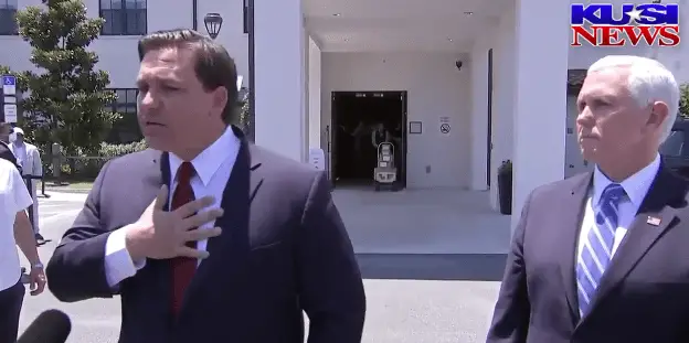 Gov. Ron DeSantis with Vice President Mike Pence at a May 20 press conference in Orlando talking about Florida's response to COVID-19